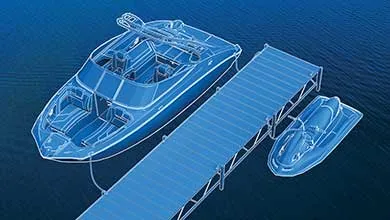 Blueprint-style rendering of a motorboat and a jet ski docked at a pier