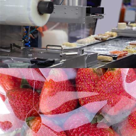 Double image of film packaging machine and strawberry packaging