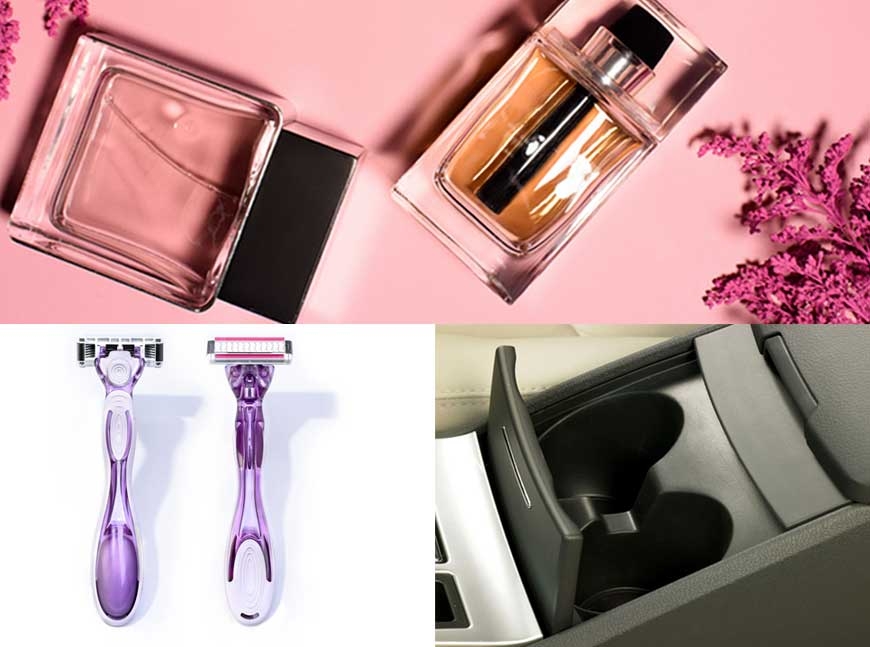 Collage of perfume, women's razor and vehicle cup holder
